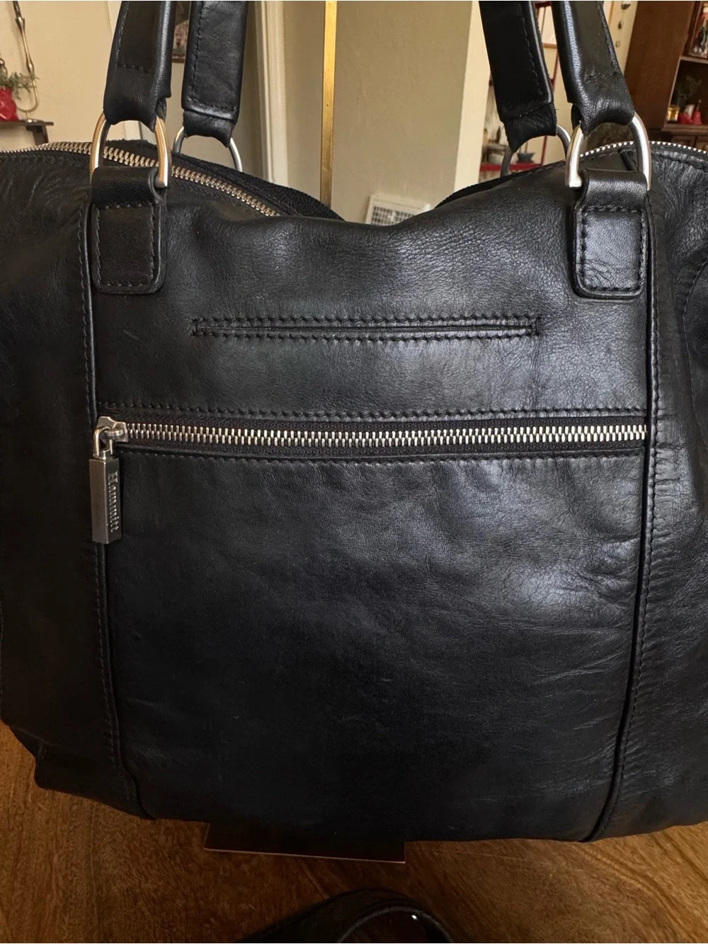 Hammitt Large Daniel Satchel Black Leather Suede Tote Studded Crossbody Silver